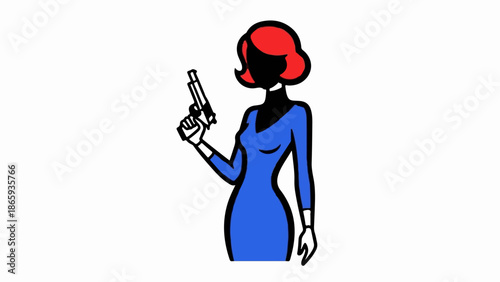 Stylized figure in blue dress holding gun with red hair and black face