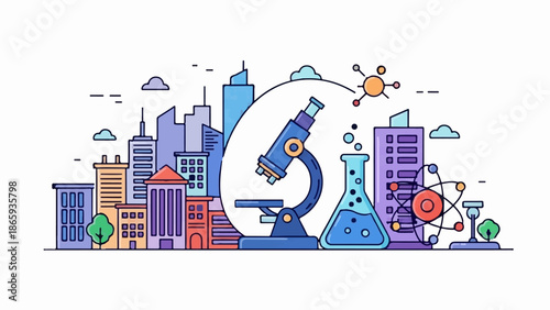 Urban skyline with scientific symbols and tools