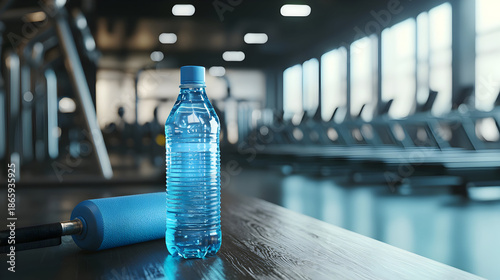 Clear Blue Water Bottle and Skipping Rope in a Modern Gym Setting