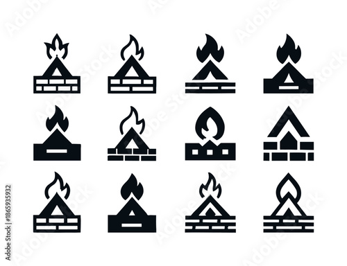 Attack Alert Icons. Enemy camp under attack. Icon set. Set Logo of enemy camp under attack: alarm flare rising. harmonious logo variations of the