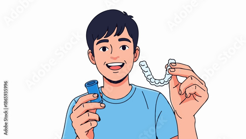 Young man smiling and holding dental aligner and retainer case