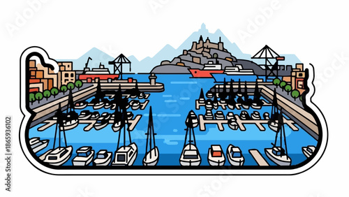 Vibrant cartoon depiction of a busy harbor with boats docked and a city perched on a hill