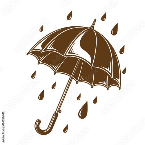 Brown umbrella with raindrops falling around it on a white background
