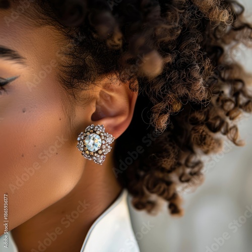 Beautiful woman with big earrings, jewelry close-up. Her hair is beautifully styled.