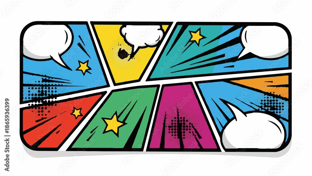 Obraz premium Vibrant comic book panel layout with speech bubbles and explosive action lines