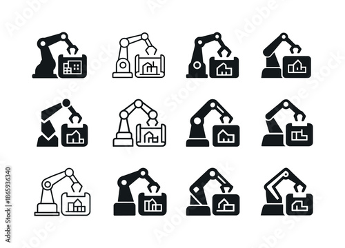 Robotic Construction Logos. autonomous construction manager. Icon set. Set Logo of autonomous construction manager: robotic arm overseeing blueprint.