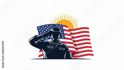 Soldier salutes the flag beneath a radiant sun