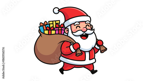 Cartoon Santa Claus carrying gift sack.