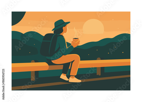Sunset Coffee Break. Sunset brew by the roadside. Traveler sitting on a guardrail with coffee glowing in orange dusk light; tiny dust sparks drifting. Soft
