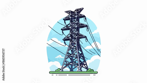 Tall metal pylon with cables stretching across a sky with clouds