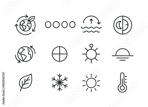 Earth Phenomena Icons. Earth phenomena. Line icon set of Earth phenomena: seasons cycle, moon phases, tides icon, day/night split, rotation arrows, equinox