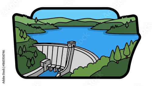 Scenic illustration of a large dam holding back a blue lake, surrounded by green hills and trees under a clear sky
