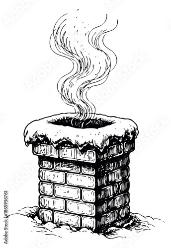 Hand drawn line art illustration of a chimney depicting snow and smoke for winter holiday concepts