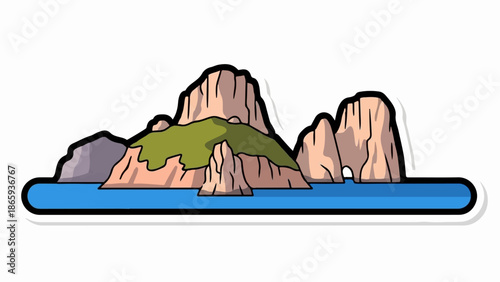 Stylized cartoon island rock formation with green vegetation above blue ocean water
