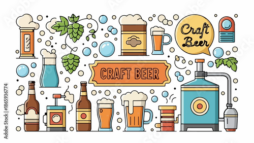 Vibrant flat illustration of craft beer production and enjoyment with brewing equipment and drinks