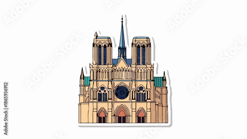 Stylized medieval cathedral with twin towers and central spire, featuring arched windows and ornate facade details