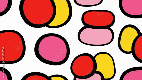 Seamless pattern of abstract organic shapes in vibrant red, pink, and yellow with thick black outlines