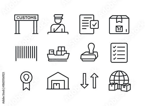 International Customs Icons. International customs. Line icon set of international customs: customs gate, officer icon, document check, cargo box, barcode,