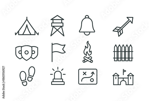 Enemy Camp Attack Icons. enemy camp under attack. Line icon set of enemy camp under attack: camp tent, lookout tower, alarm bell, incoming arrow symbol, shield