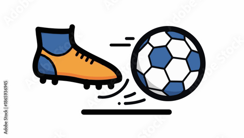 Stylized cartoon of an orange and blue soccer cleat kicking a black, white, and blue soccer ball
