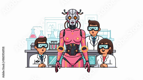 Scientists marvel at a pink robot in a lab with flasks and computers