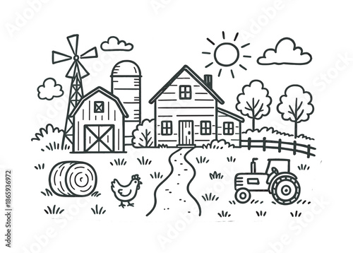 Farmhouse Doodle Illustration. Farmhouse. Hand-drawn doodle illustration Farmhouse farmhouse outline, barn, silo, windmill, fence, tractor, hay bale, clouds,