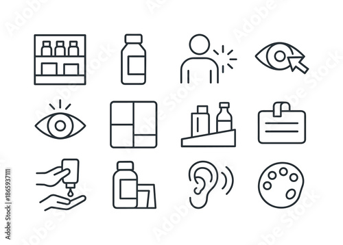 Consumer Behavior Icons. consumer behavior. Line icon set of consumer behavior: store shelf, product packaging, visual cue icon, eye-tracking arrow, attention