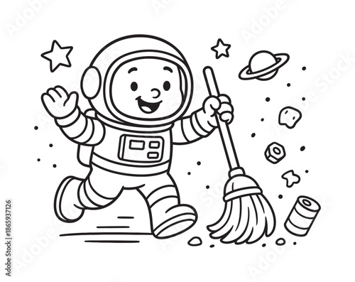 Space Janitor Coloring Fun. Space janitor character children?s coloring book illustration, outlined drawing, cheerful astronaut with a broom sweeping cartoon