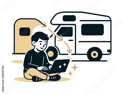 Mobile Learning Adventure. Remote learning on the road. A kid studying on a laptop near a camper van; gentle arrows indicating knowledge flow. Soft spark