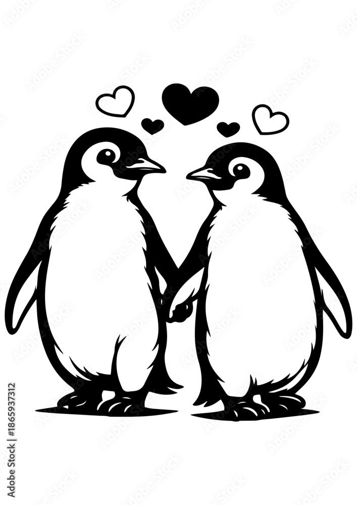 Obraz premium Cute penguin couple holding hands with hearts vector line art, black and white illustration for engrave, laser engrave and Valentine decor