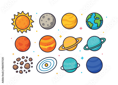 Colorful Solar System Icons. Solar system. Colorful isometric vector icons set of solar system: Sun icon, Mercury, Venus, Earth, Mars, Jupiter, Saturn, Uranus,