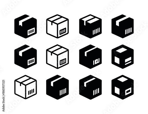 Parcel Logo Variations. Sealed parcel. Icon set. Set Logo of sealed parcel: barcode label on parcel. harmonious logo variations of the same emblematic concept,