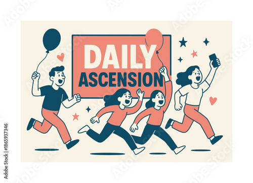 Festive Banner Parade. Daily ascension banner, flat vector illustration, bold oversized text inside rectangular frame banner, cartoon characters running and