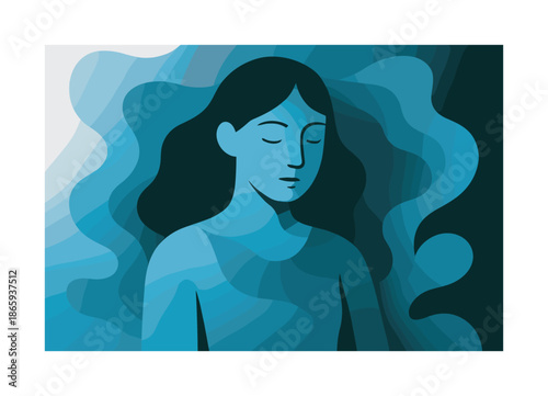 Floating Shapes and Shadows. Monochromatic tones. Soft gradients flow across floating shapes; a calm figure emerges from layered shadows. Gentle contrasts hint