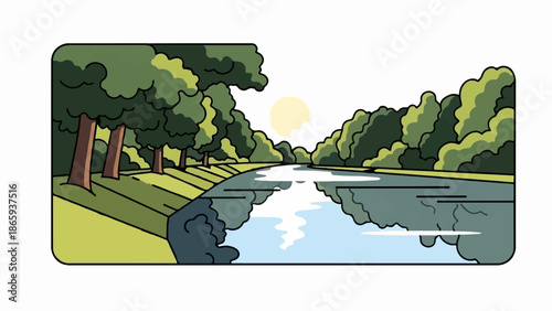 Serene canal reflecting trees and sky under a gentle sun