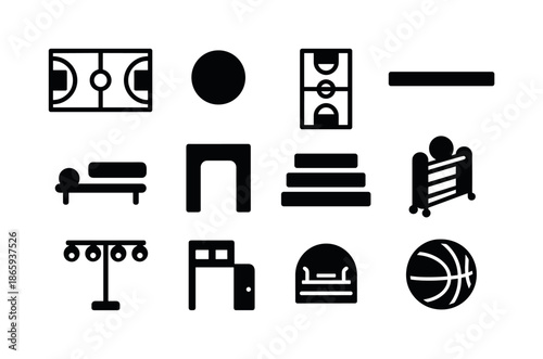 Basketball Court Icons. Basketball court. Solid icon set of basketball court: center circle, free throw semicircle, baseline, sideline, paint area, restricted