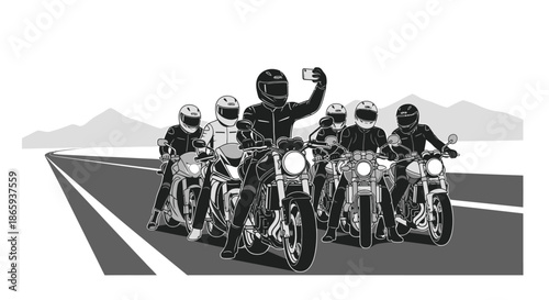Group of motorcyclists on a road one taking a selfie.