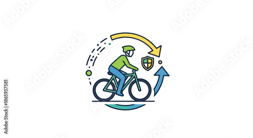 Cyclist Riding Bicycle with Helmet and Safety Shield Icon.