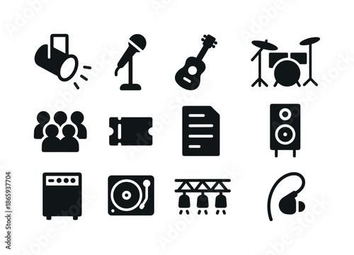 Live Performance Icons. Live performance. Solid icon set of live performance: stage spotlight, microphone stand, guitar, drum kit, speaker stack, crowd