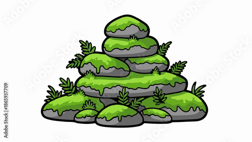 Stylized green moss-covered rocks stacked in an organic formation, with leafy plants