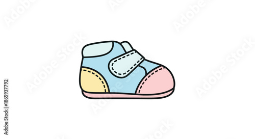 Cute Cartoon Baby Shoe with Velcro Strap Colorful Illustration.