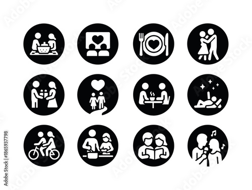 Romantic Icon Set. Romantic activities. Solid round icon set of Romantic activities: picnic, movie date, dinner plate heart, dance pair, gift exchange, walk