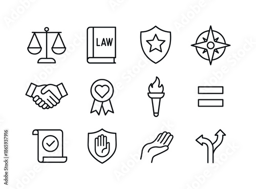 Trust & Ethics Icons. Trust & Ethics. Line icon set of Trust & Ethics: scale of justice, law book, shield star, ethical compass, handshake agreement, honesty