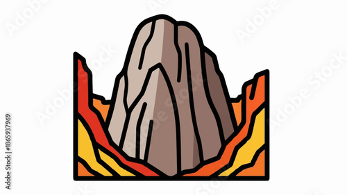 Stylized mountain peak surrounded by fiery geological formations and molten rock