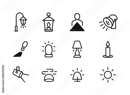 Mysterious Lighting Icons. Mysterious lighting. Line icon set of Mysterious lighting: streetlight, lantern, backlight, spotlight, shadow, glow, dim light,