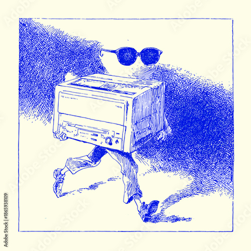 Retro Cartoon Monkey with Cassette Player