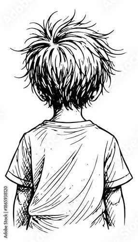 Hand drawn line art illustration of a child depicting messy hair from behind for creative projects