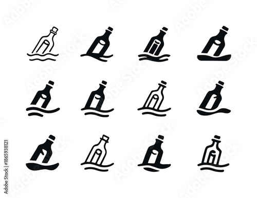 Message in Bottle. Message in bottle. Icon set. Set Logo of message in bottle: floating bottle icon. harmonious logo variations of the same emblematic concept,