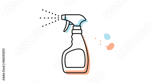 Minimalist line art illustration of a cleaning spray bottle releasing a fine mist of liquid droplets with subtle color accents.