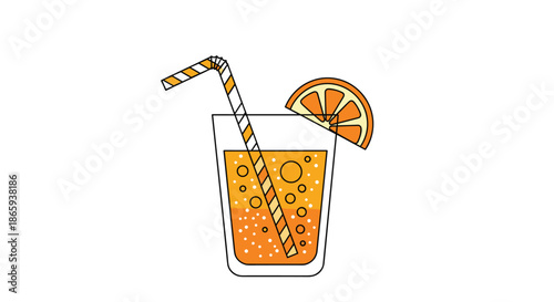 Refreshing glass of orange soda with bubbles features a striped straw and a fresh citrus slice for a summer drink or cocktail concept.